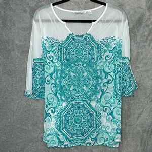 Isaac Mizrahi Medium Shirt Top Blue White Paisley Half Sleeve V Neck Sheer Women